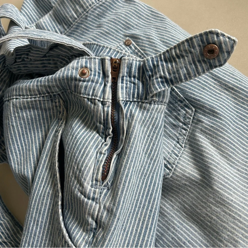 Cream Women’s Faded Blue Denim Pinstripe Overalls with Ruffled Straps  Size XS - Picture 9 of 16